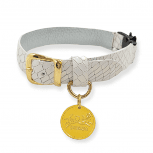 Collar antiahogo para gato en cuero blanco tornasol