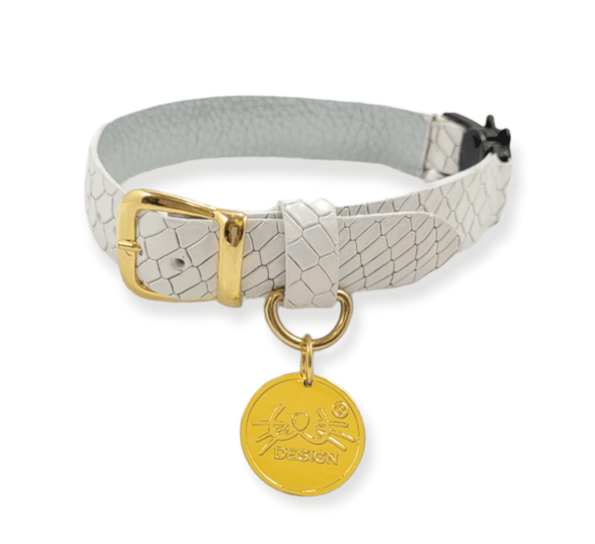 Collar antiahogo para gato en cuero blanco tornasol