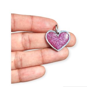 Placa de identificación corazón escarchado fucsia con borde