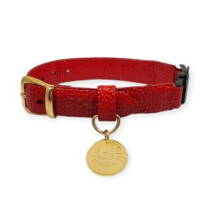Collar antiahogo para gato en cuero rojo granulado