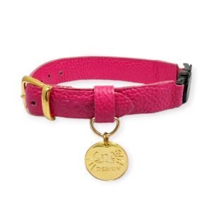 Collar antiahogo para gato en cuero fucsia granulado