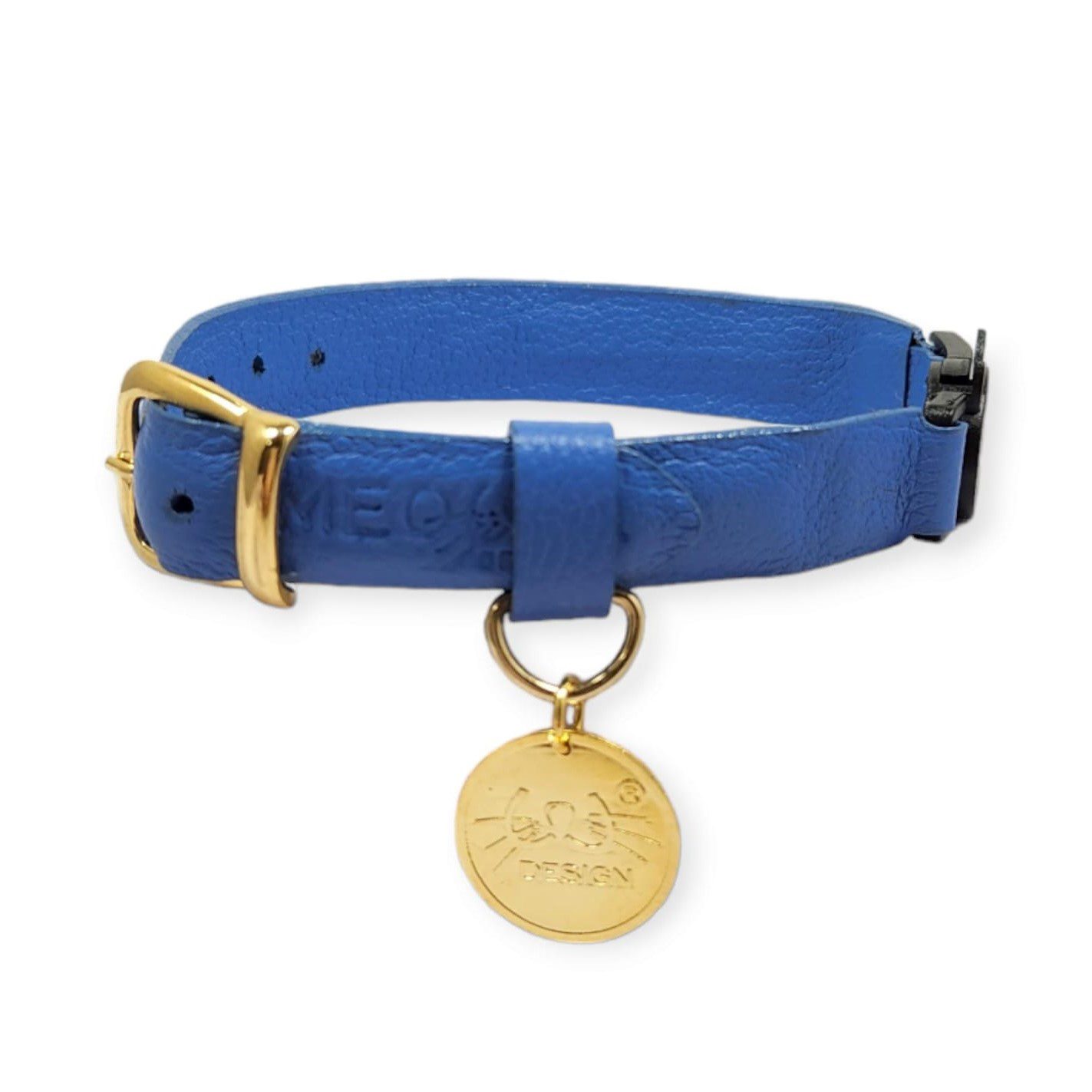 Collar antiahogo para gato en cuero azul zafiro