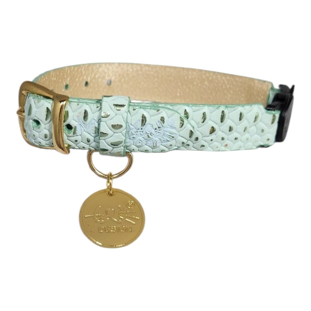 Collar antiahogo para gato en cuero verde agua - Imagen 2