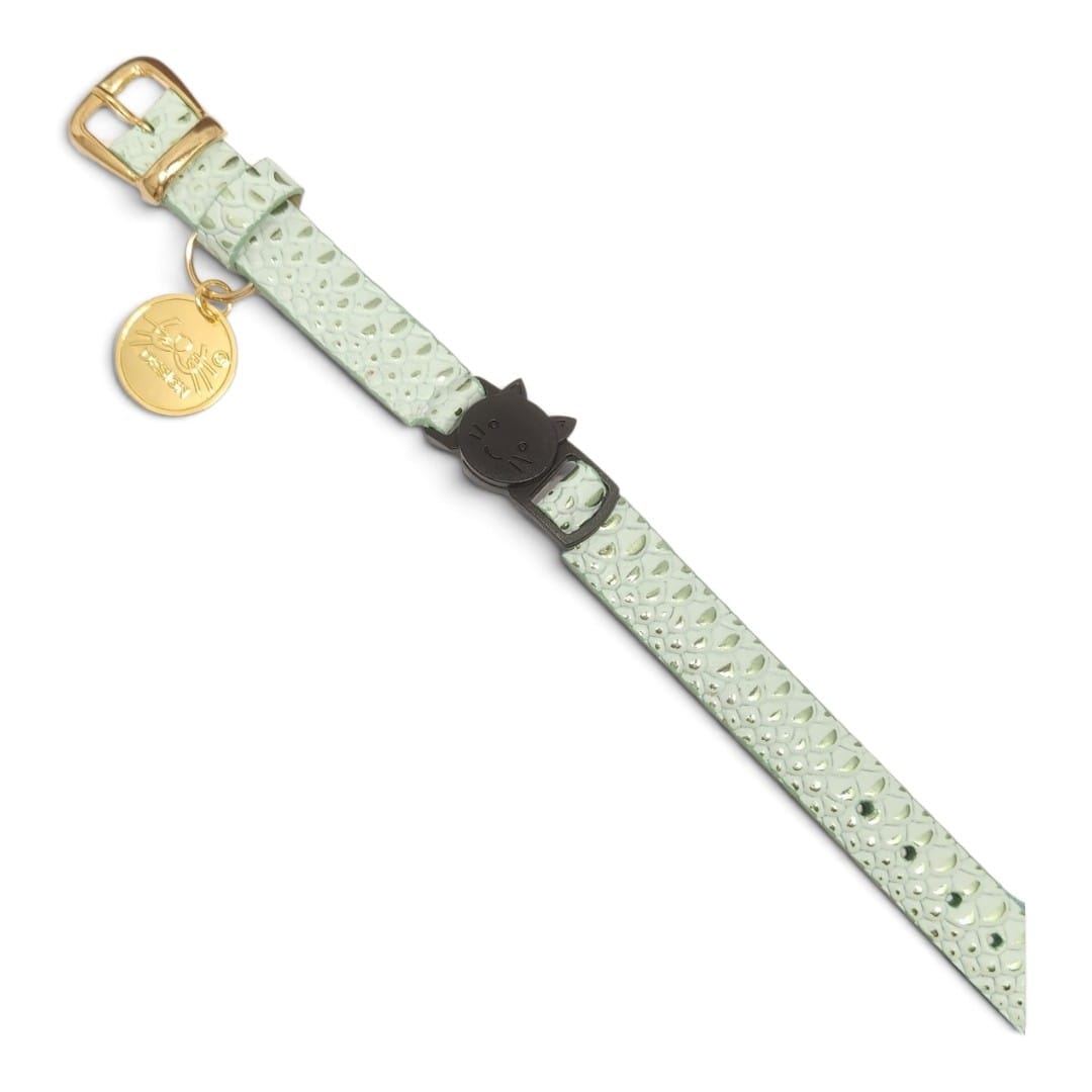 Collar antiahogo para gato en cuero verde agua - Imagen 3