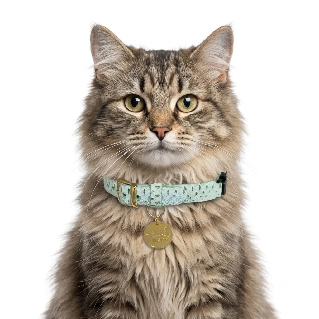 Collar antiahogo para gato en cuero verde agua