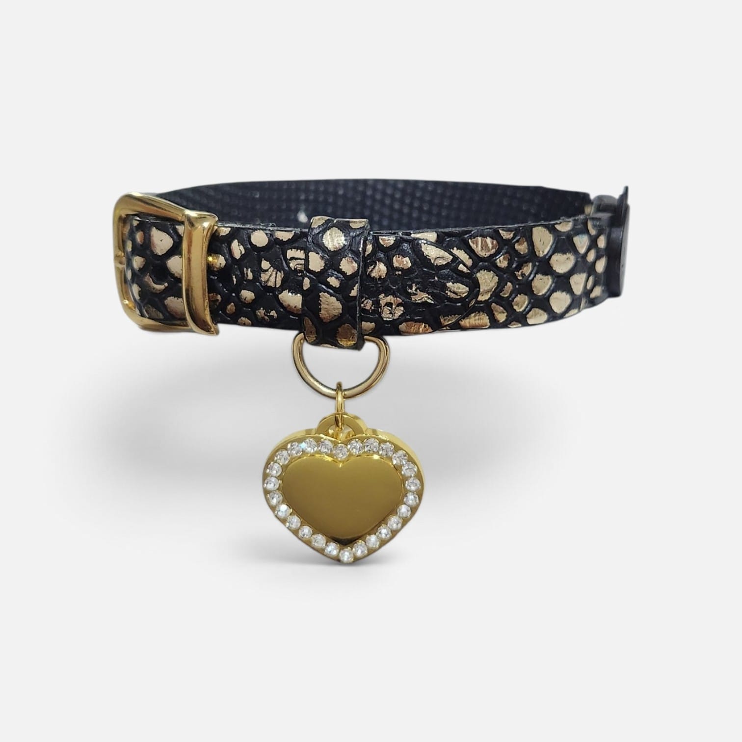 Collar antiahogo para gato en cuero negro dorado con placa corazón brillante - Imagen 2
